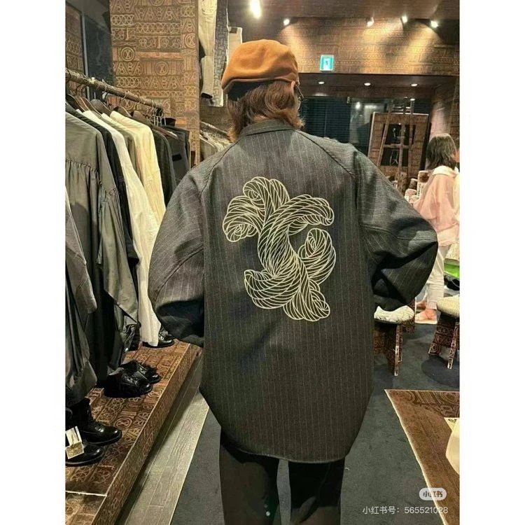 Needles Kimono Jacket Gray Pinstripe with White Rope Motif Outerwear - 5