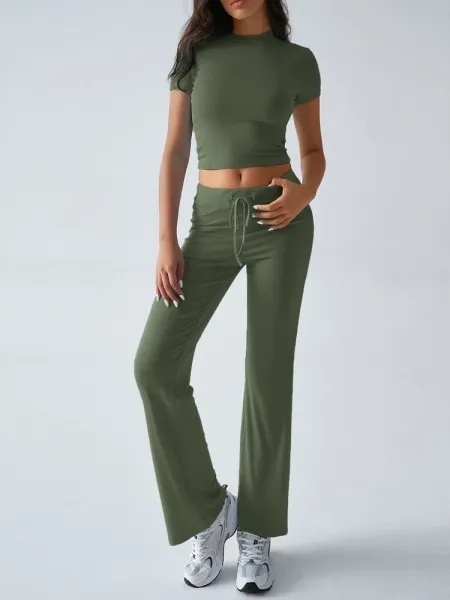 Design Cropped Tee and Wide-Leg Joggers Set Navy Blue - 65