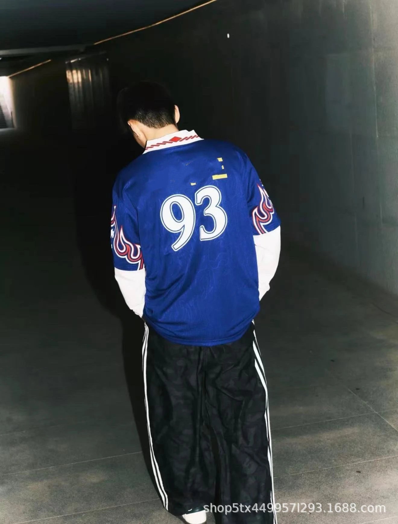 Design Retro Football Jersey Blue with Flame Sleeves and '93' Number - 17