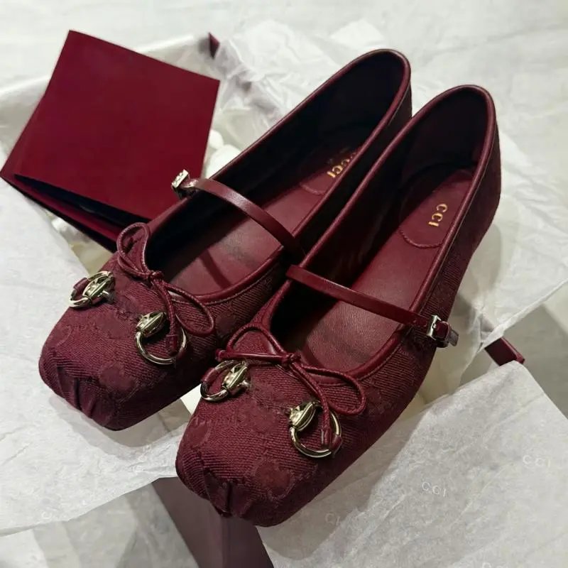 Gucci Marmont Beige Monogram Crystal Bow Ballet Flats