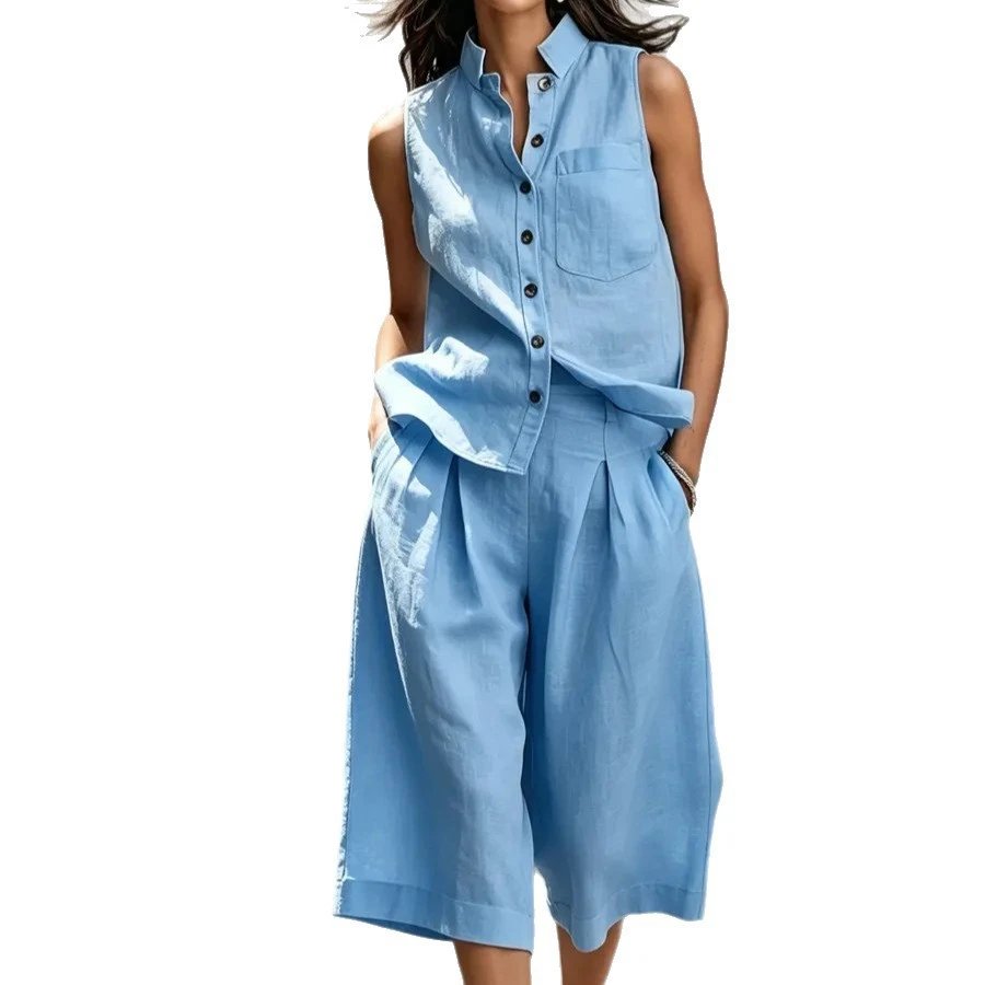 Linen Sleeveless Button-Up White Relaxed Two-Piece Set