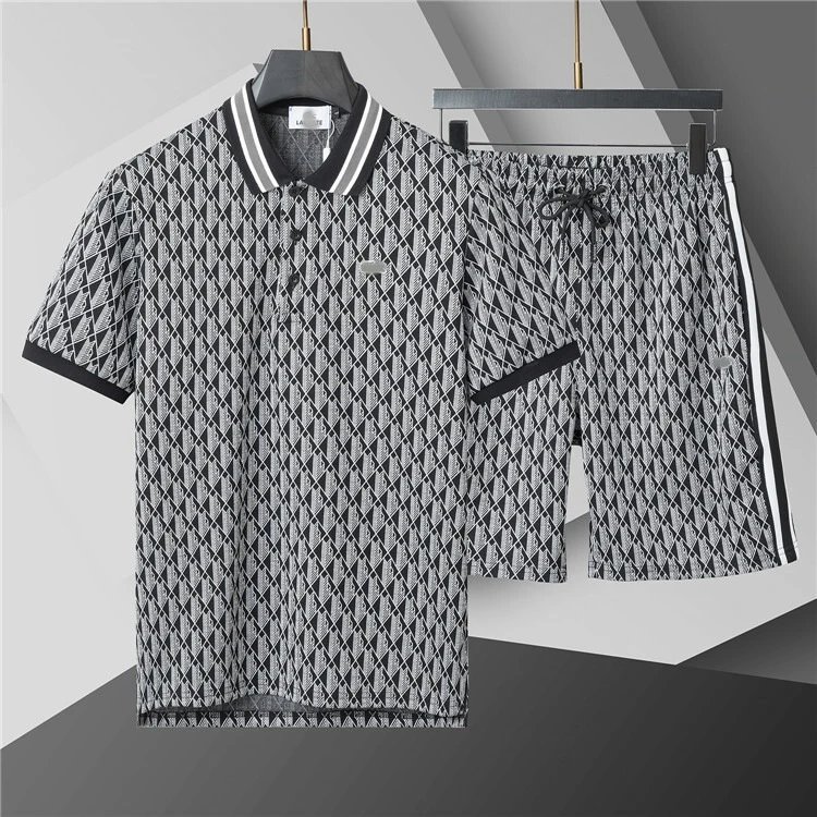 Patterned Short Sleeve T-Shirt And Shorts Set Navy Gray Geometric Sportswear