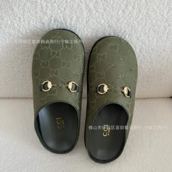 Gucci Horsebit Loafer Slides Army Green Slip-On Shoes Slippers - 1