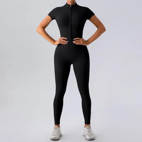 Design Zip-Front Short-Sleeve Bodysuit Black Activewear - 1