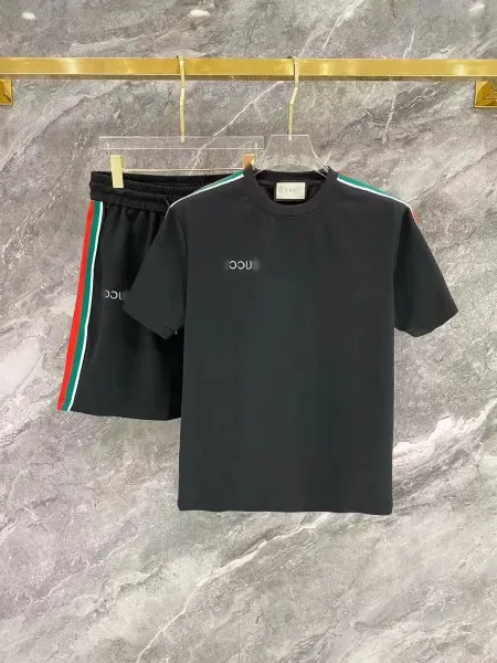 Gucci Logo T-Shirt and Track Shorts Set Black with Red-Green Stripe - 1