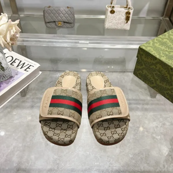 Gucci GG Marmont Slide Sandals Beige Canvas with Web Stripe Slippers - 1