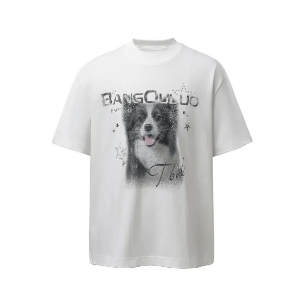 Design BANGOULUO Happy Dog Graphic Print Navy T-Shirt T-Shirts - 5