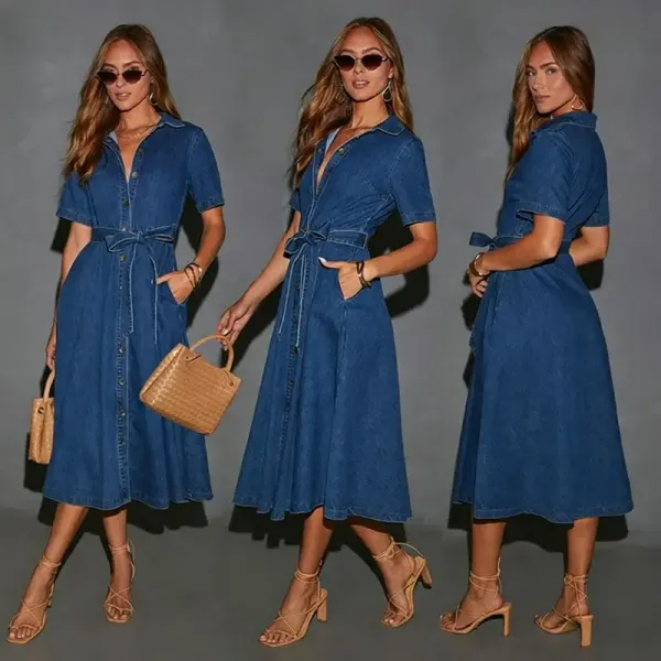 Design Denim Shirt Dress with Belted Waist in Deep Blue Dress - 2