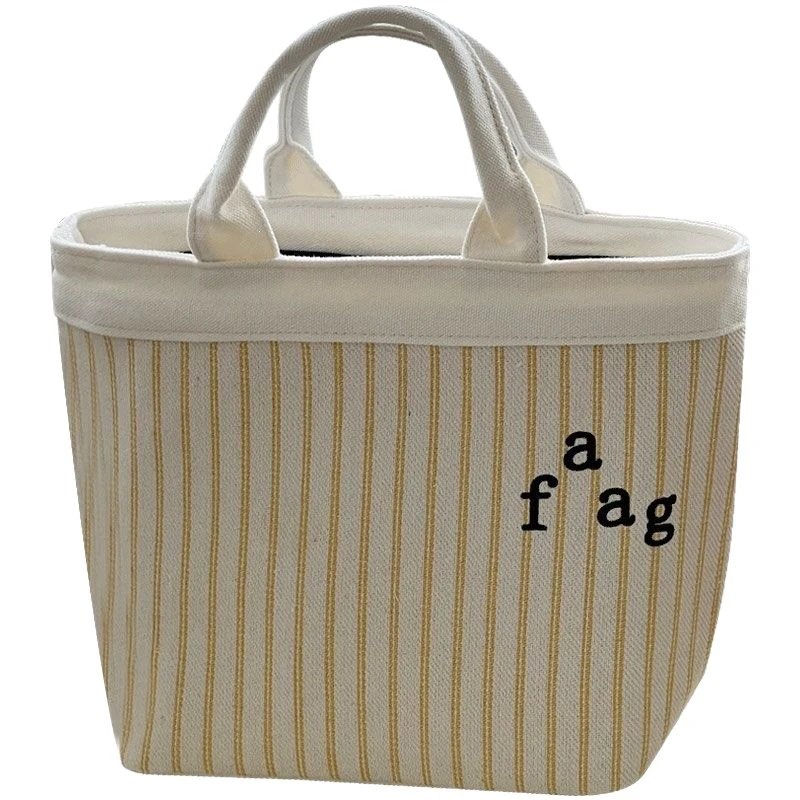 Striped Canvas Tote Bag Cream Beige Lettering Casual