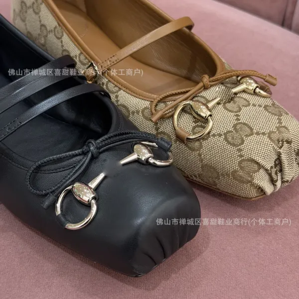 Gucci Horsebit Loafer Flat in Black and GG Canvas Beige - 1