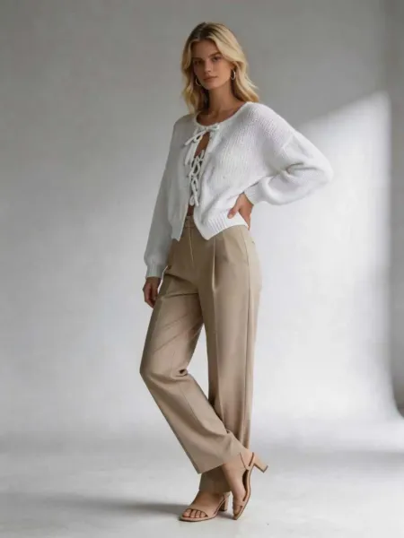 Design Lace-Up Knit Cardigan White + Beige Wide-Leg Pants Set - 5