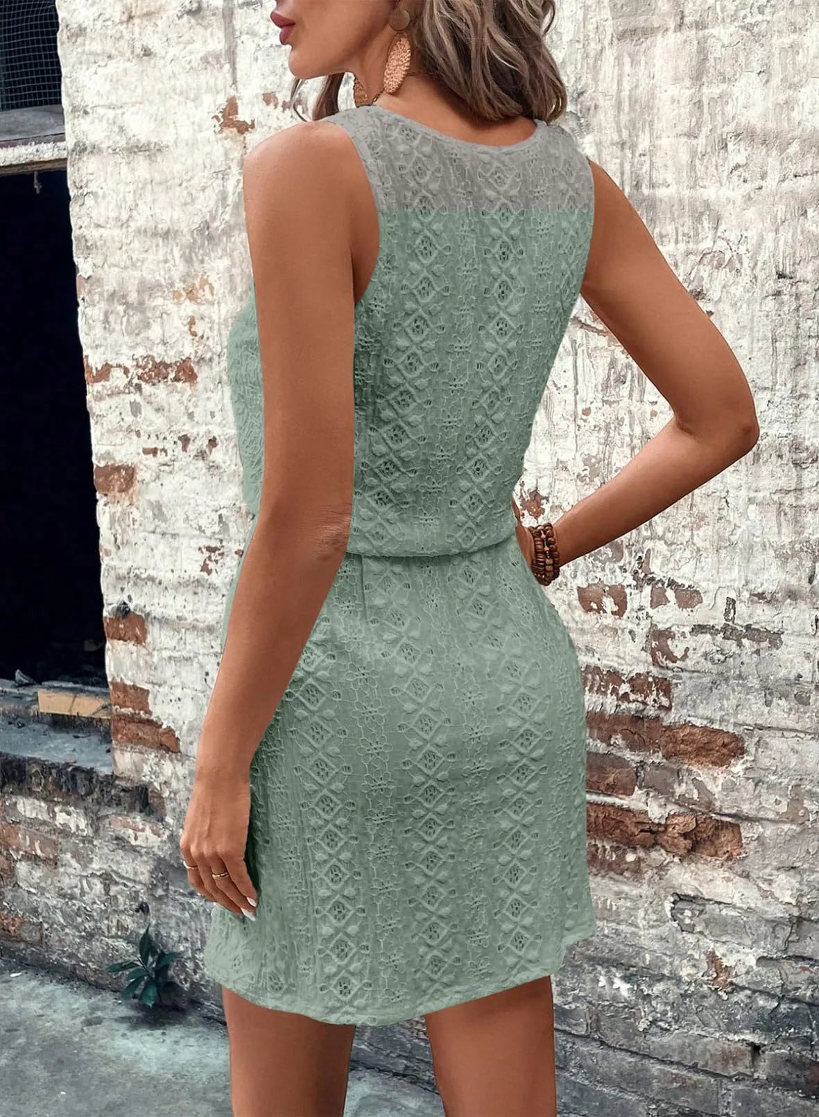 Design Lace Embroidered Sleeveless Mini Dress Beige - 14