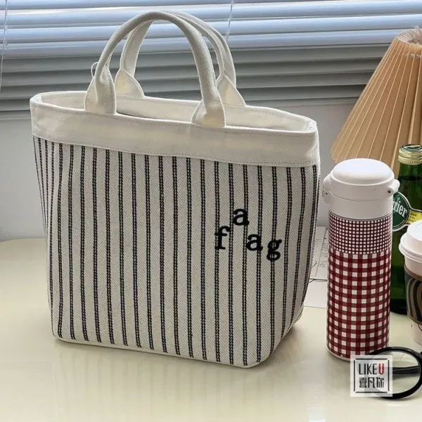 Design Striped Canvas Tote Bag with Embroidered 'a fag' Logo - 19