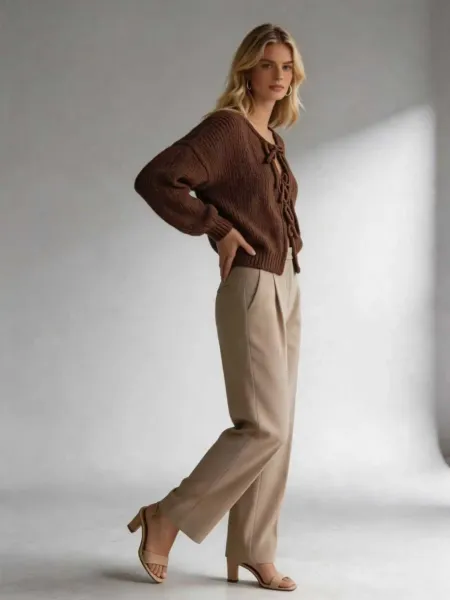 Design Lace-Up Knit Cardigan White + Beige Wide-Leg Pants Set - 11