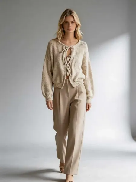 Design Lace-Up Knit Cardigan White + Beige Wide-Leg Pants Set - 13