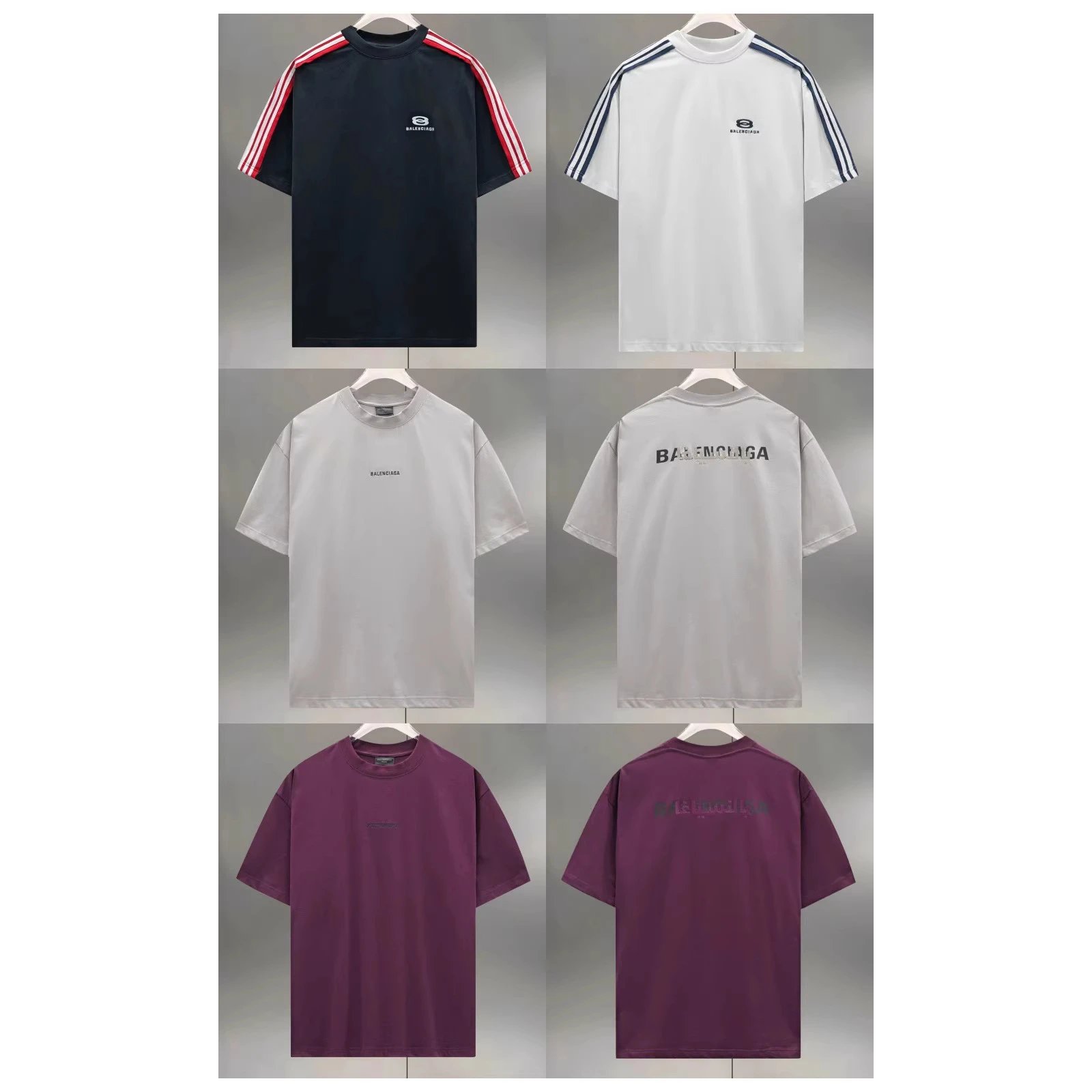 Balenciaga Logo Stripe Navy White Grey Purple Casual T-Shirt