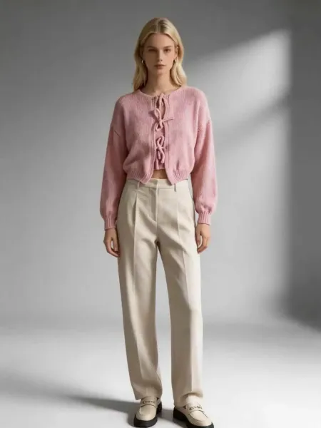 Design Lace-Up Knit Cardigan White + Beige Wide-Leg Pants Set - 16