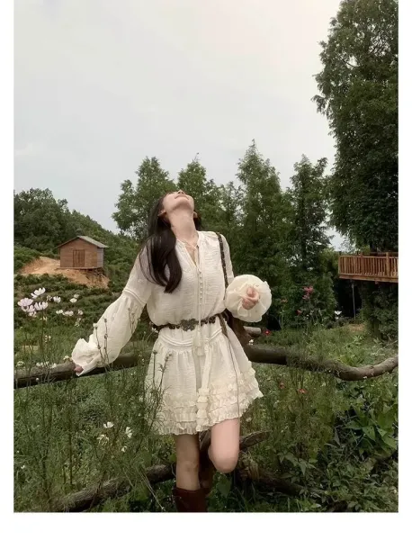 Design White Ruffled Smocked Dress with Bell Sleeves and Brown Leather Boots - 3