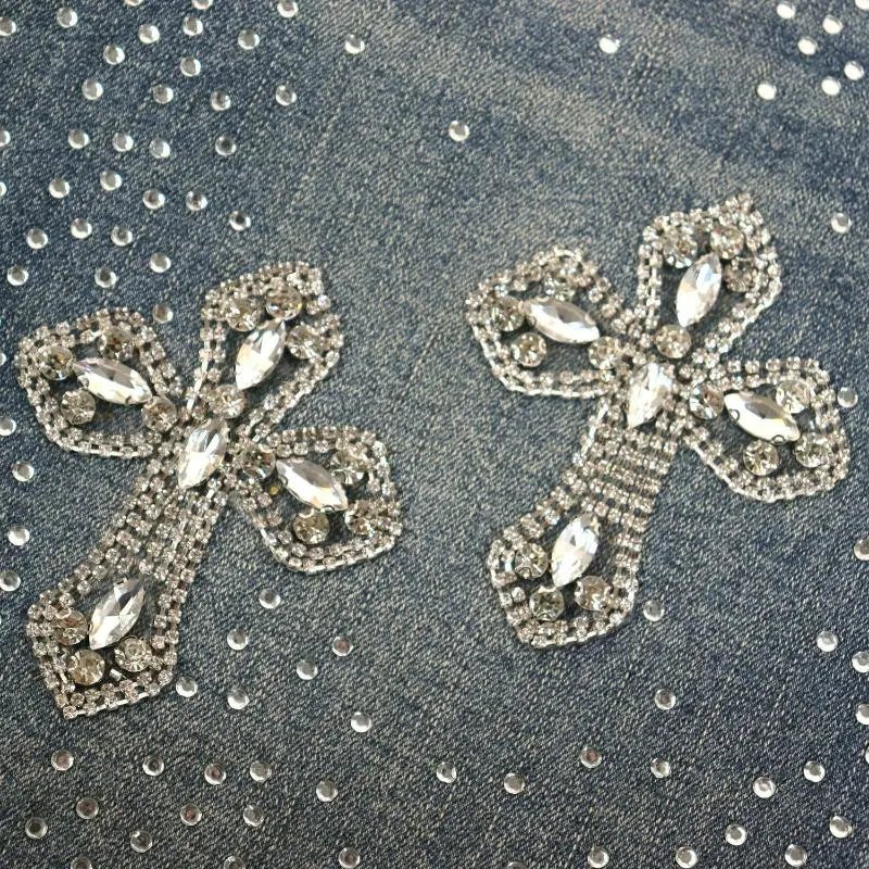 Purple Land Denim Shorts Blue And Black Rhinestone Cross Embellished