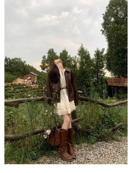 Design White Ruffled Smocked Dress with Bell Sleeves and Brown Leather Boots - 4