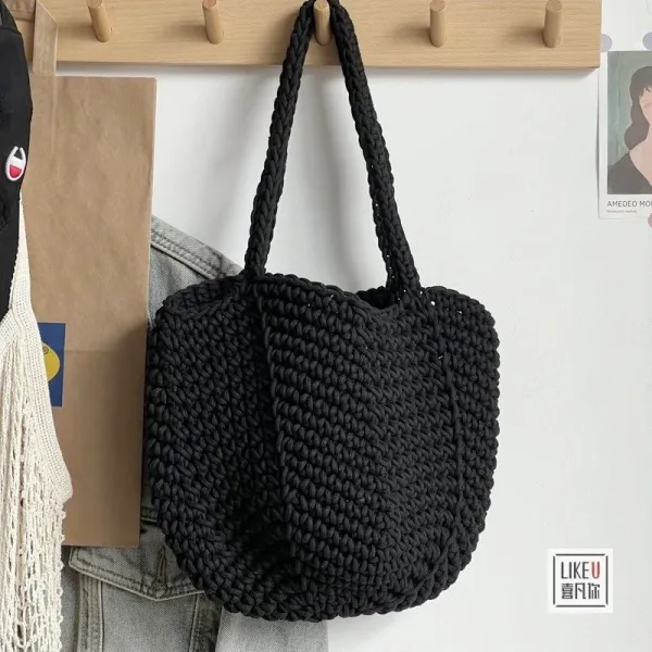 Design Hand-Knitted Crochet Tote Bag Black Tote Bag - 1