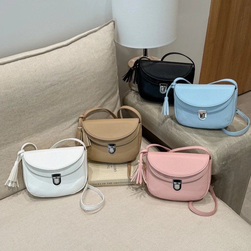 Leather Saddle Bag White Beige Black Pink Light Blue Minimalist Crossbody