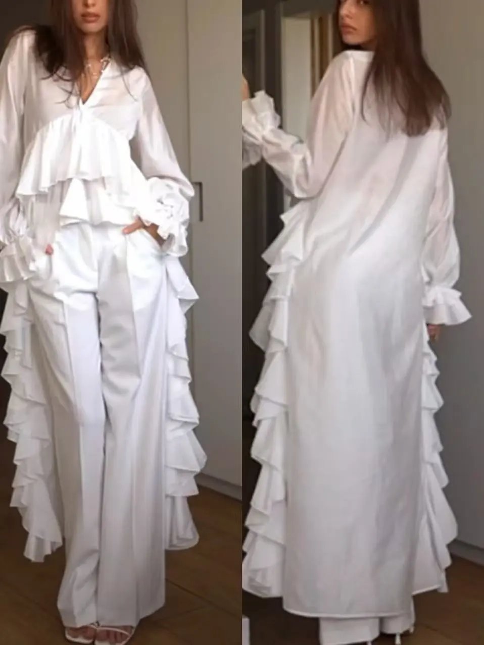Design Ruffled Asymmetrical Hem Blouse White with Wide-Leg Jeans Tops - 7