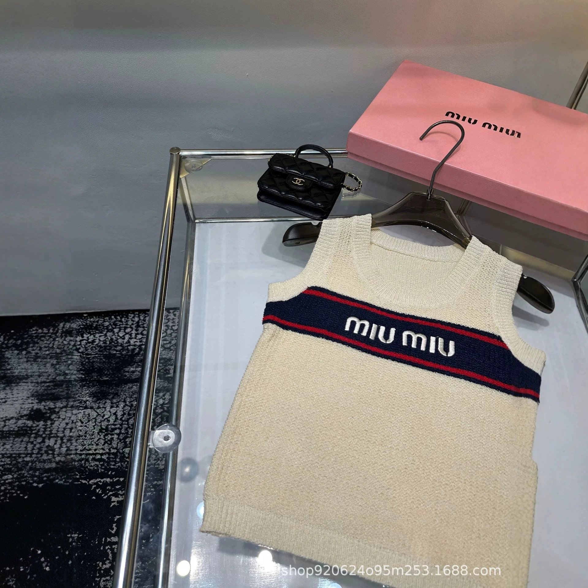 Miu Miu Knit Sleeveless Beige Logo Stripe Tank Top