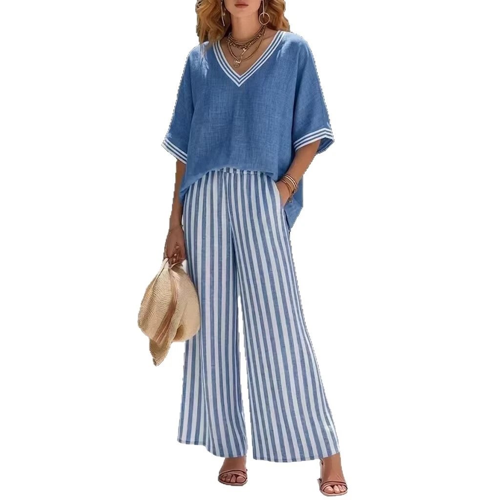 Pink Linen V-Neck Top And Striped Wide Leg Pants Set