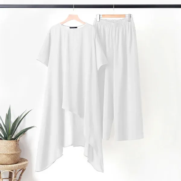 Design Loose Linen Tunic and Wide-Leg Pants Set White - 14