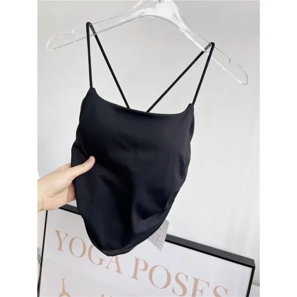 Design Cross-Back Satin Camisole Black Top Vest Top - 1