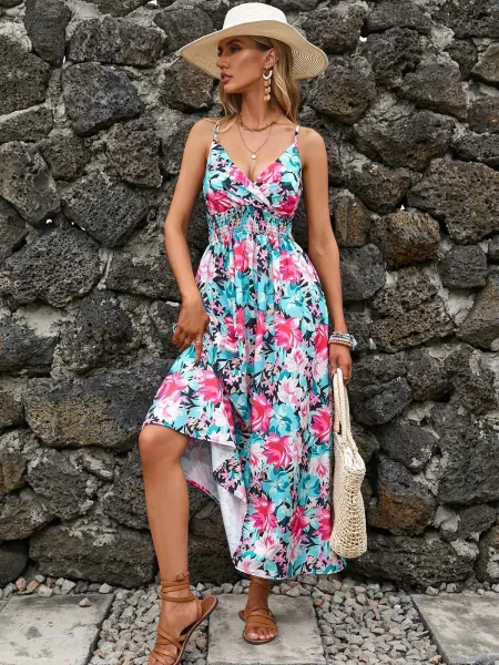 Design Tropical Leaf Print Wrap Midi Dress - 27