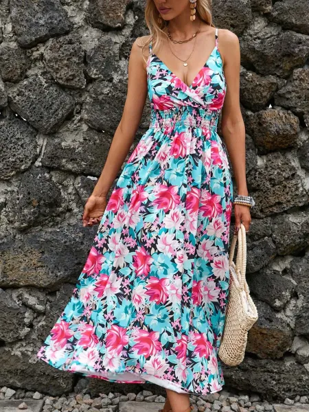 Design Tropical Leaf Print Wrap Midi Dress - 28