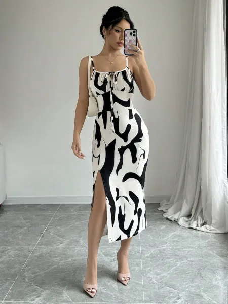 Design Abstract Print Slit Midi Dress in Black and White - 8