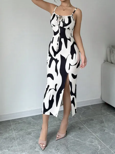 Design Abstract Print Slit Midi Dress in Black and White - 11
