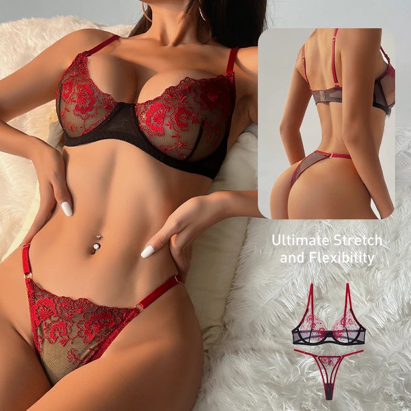 Red and Black Lace Floral Embroidery Push-Up Bra and Thong Set