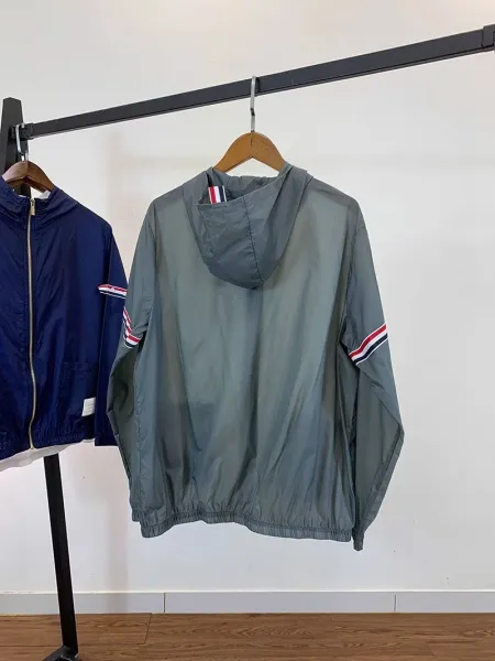 Thom Browne Windbreaker Navy Blue with Red-White-Blue Stripe Sleeve Detail Outerwear - 10