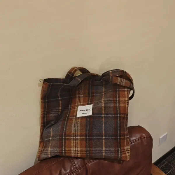 Design Miss Bag Plaid Wool-Blend Tote Bag Brown Multicolor Tote Bag - 7