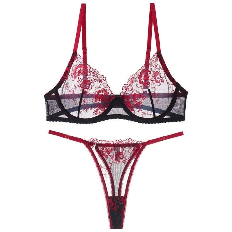 Red and Black Lace Floral Embroidery Push-Up Bra and Thong Set