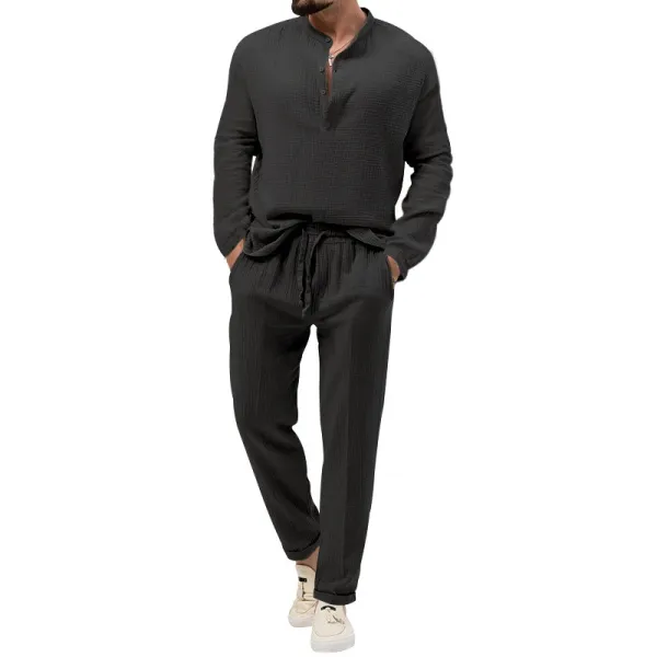 Design Linen-Blend Henley Set Beige Casual Set - 15