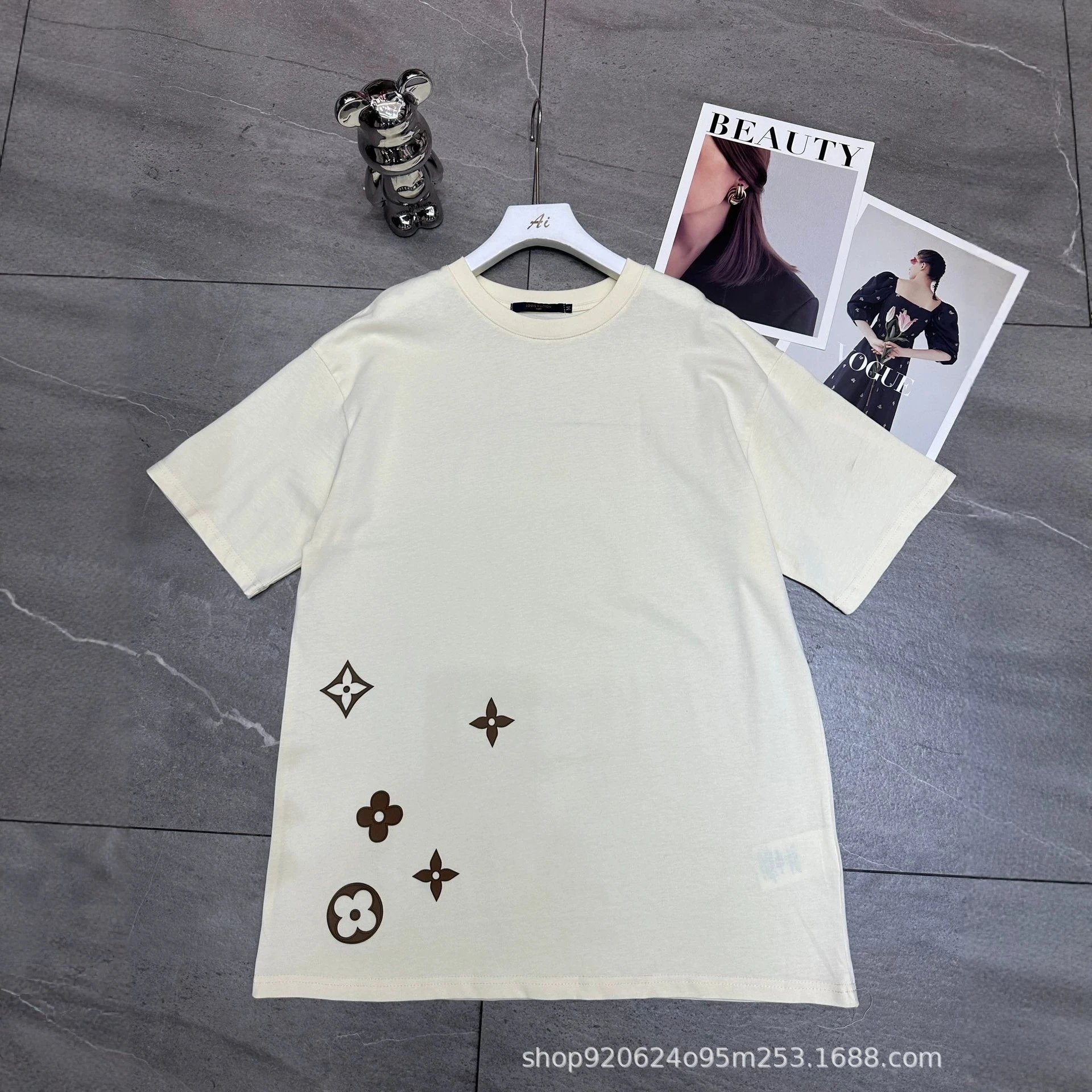 Cotton T-Shirt Cream Gray Monogram Print Oversized Tee