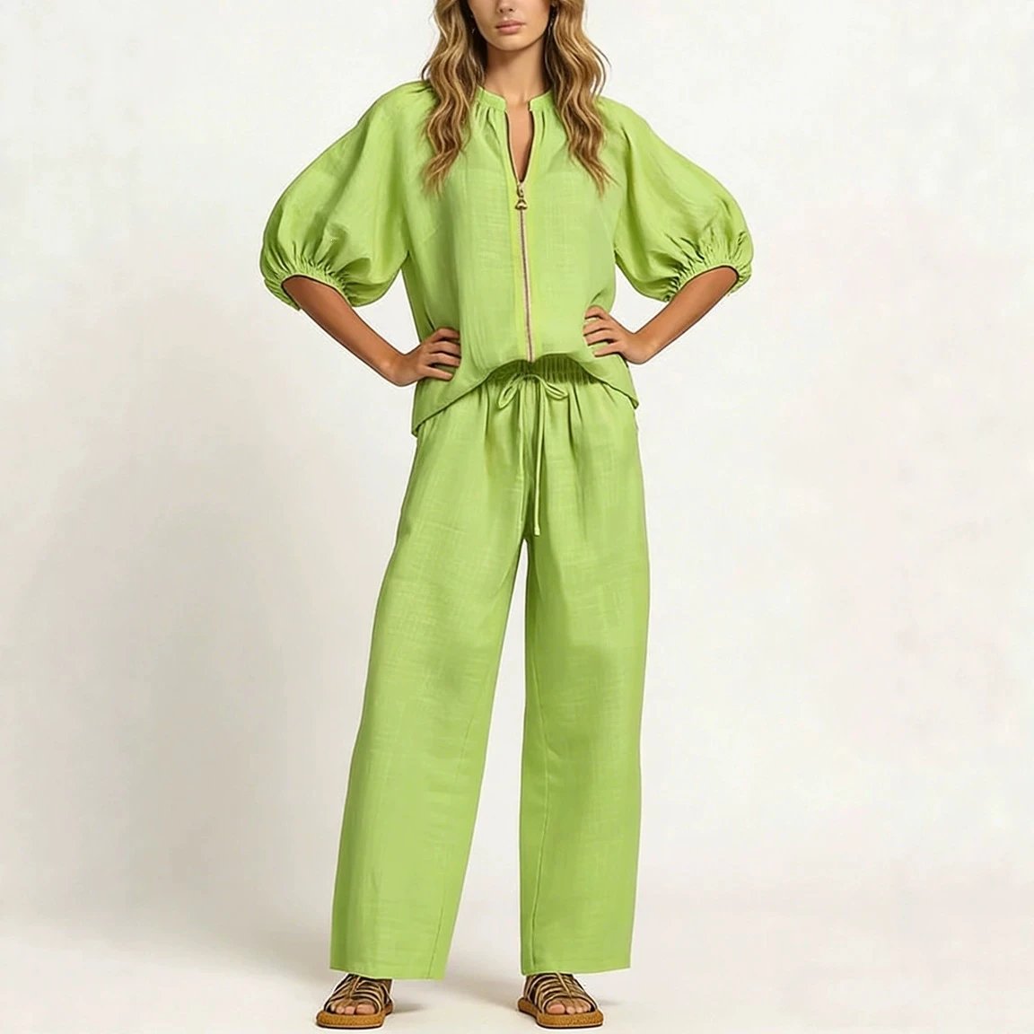 Light Blue Linen Blend Zip-Front Blouse And Wide-Leg Pants Set