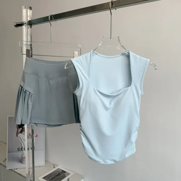 Design Square-Neck Sleeveless Top Beige + Pleated Skort Orange Activewear Set - 10