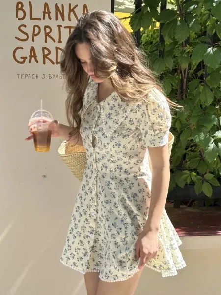 Design Floral Peter Pan Collar Dress with Pompom Trim Beige Blue Casual Dress - 9