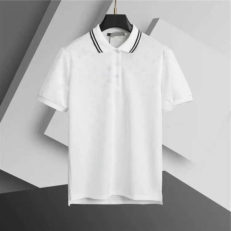 Embroidered White Polo with Black Trim Collar Tops Polo