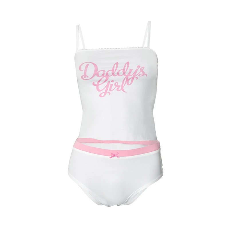 Design Daddy's Girl White Crop Top and Pink Trim Briefs Set Sets - 20