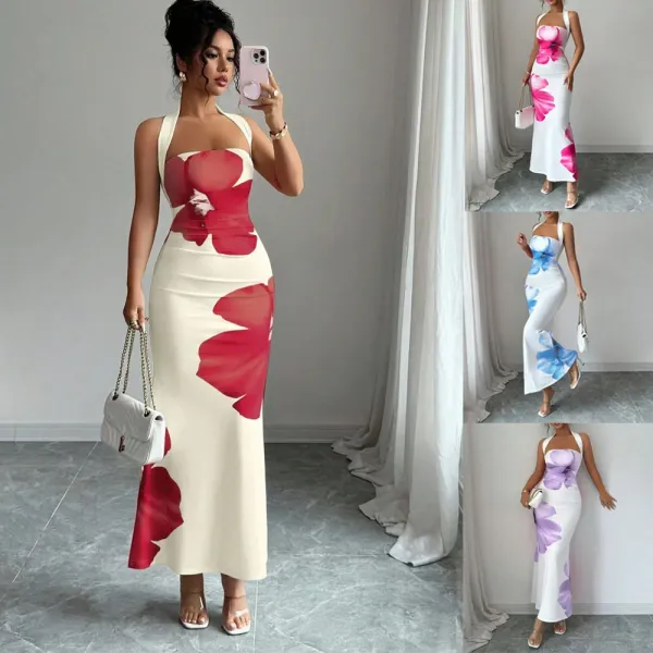 Design Floral Print Halter Neck Maxi Dress Beige Red - 5