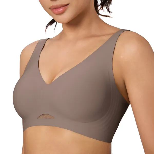 Design Seamless V-Neck Mesh-Panel Bralette Taupe Activewear - 1