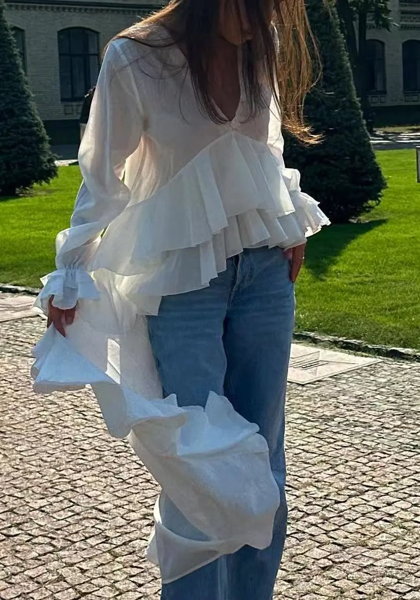 Design Ruffled Asymmetrical Hem Blouse White with Wide-Leg Jeans Tops - 8