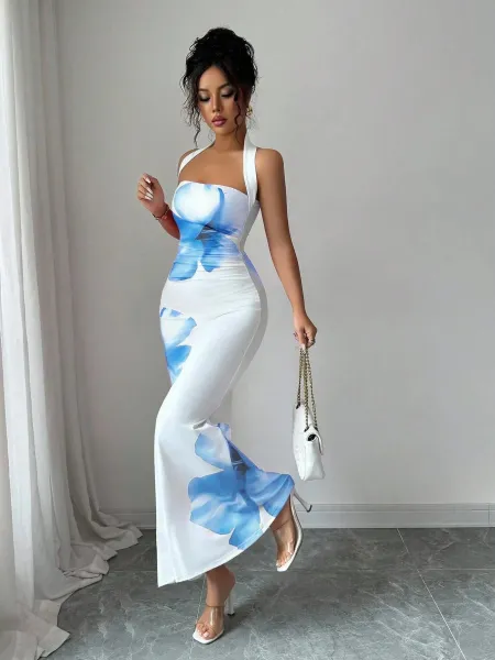 Design Floral Print Halter Neck Maxi Dress Beige Red - 14